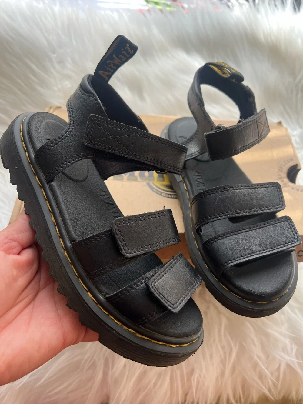 Dr. Martens Kids Black Triple-Strap Vegan Sandals with Yellow Stitching